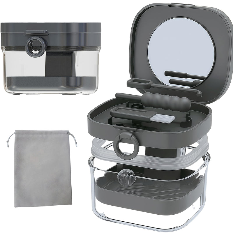 [Australia] - Denture Case Retainer Cleaning Case with Retainer Removal Tool and Brush, No-Leak Denture Bath Box Cup, Complete Clean Care for Clear Braces, Mouth Guard, Night Guard & Retainers (Grey) Grey 