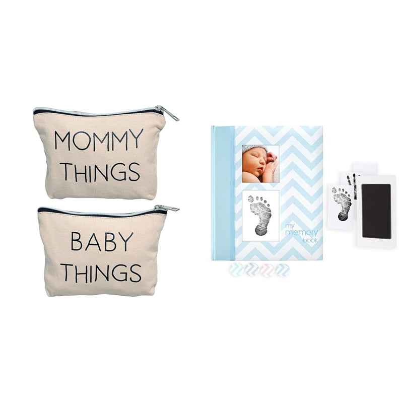 Bundle of Pearhead Mommy and Baby Travel Pouch + Pearhead Baby Memory Book, Blue Chevron Baby Organizing Pouches + Blue Baby Memory Book