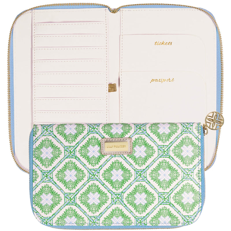 Lilly Pulitzer Leatherette Travel Wallet for Women, Passport Holder with ID Window, Card Slots and Interior Pockets (Bamboo Logo Trellis)