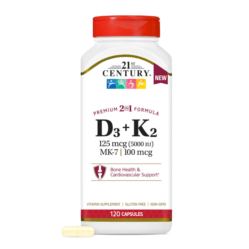 21st Century Vitamin D3 125 mcg (5000 IU) + K2 100 mcg Capsules, 120 Count, Bone, Teeth & Heart Support, Non-GMO, Milk, Lactose, Soy, Wheat, & Gluten Free