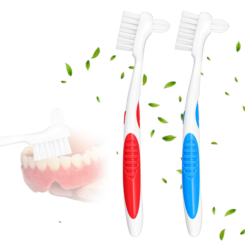 [Australia] - 2PCS Denture Brush Set - Dual-Head Denture Cleaning Brush with Ergonomic Rubber Handle Multi-Layered Soft Bristles (Blue & Red) 
