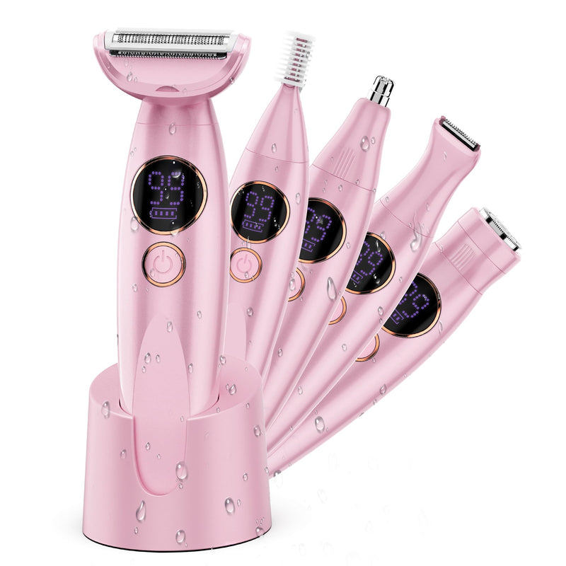 [Australia] - Karrte 5-in-1 Electric Razor for Women's Pubic Hair, Painless Body Shaver and Facial Epilator, Hair Removal for Face, Bikini Trimmer for Women's Private Area Pink 