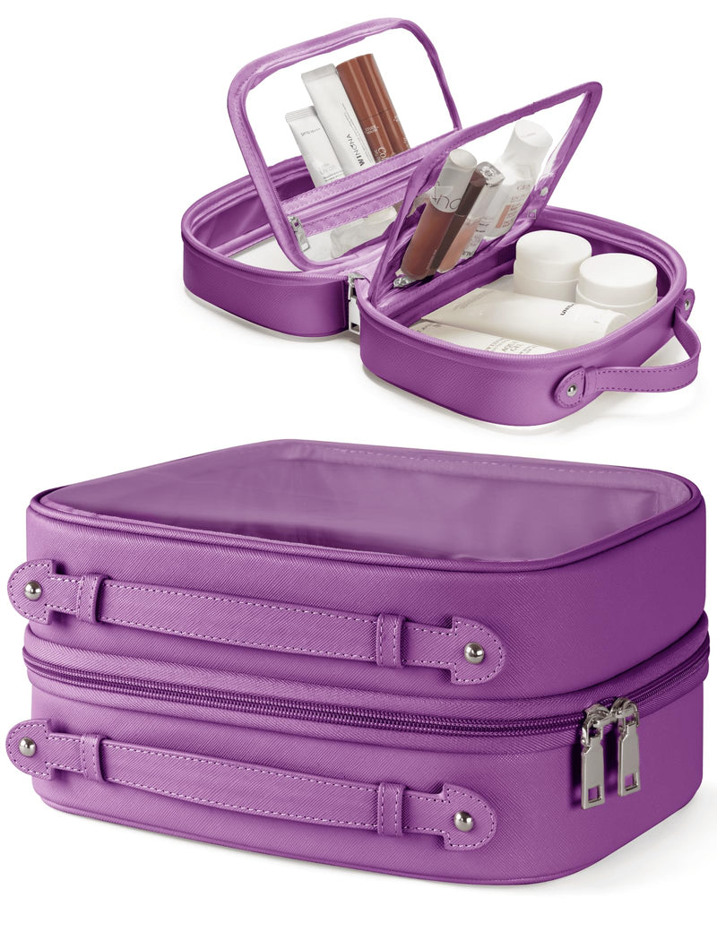 Clear Cosmetic Bag Double Layer Travel Toiletry Bag Clear Makeup Bag Case with 4 Compartments, Transparent Travel Bag for Toiletries, Large Toiletry Bag for Women Cosmetic Case (Purple, Large) Purple