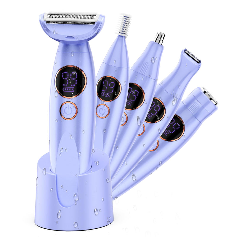 [Australia] - Karrte 5-in-1 Electric Razor for Women's Pubic Hair, Painless Body Shaver and Facial Epilator, Hair Removal for Face, Bikini Trimmer for Women's Private Area Purple 