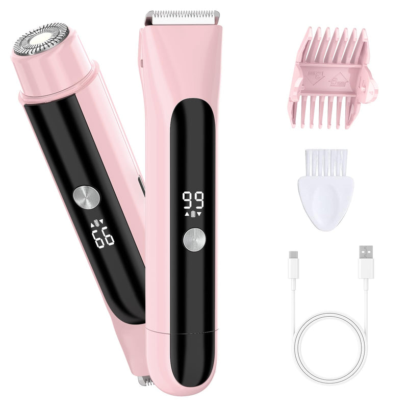 Bikini Trimmer for Women Pubic Hair,Electric Razors with Dual Heads for Body, Rechargeable IPX7 Waterproof Bikini Shaver for Travel,Facial Hair Remover for Leg Arm Face Pink