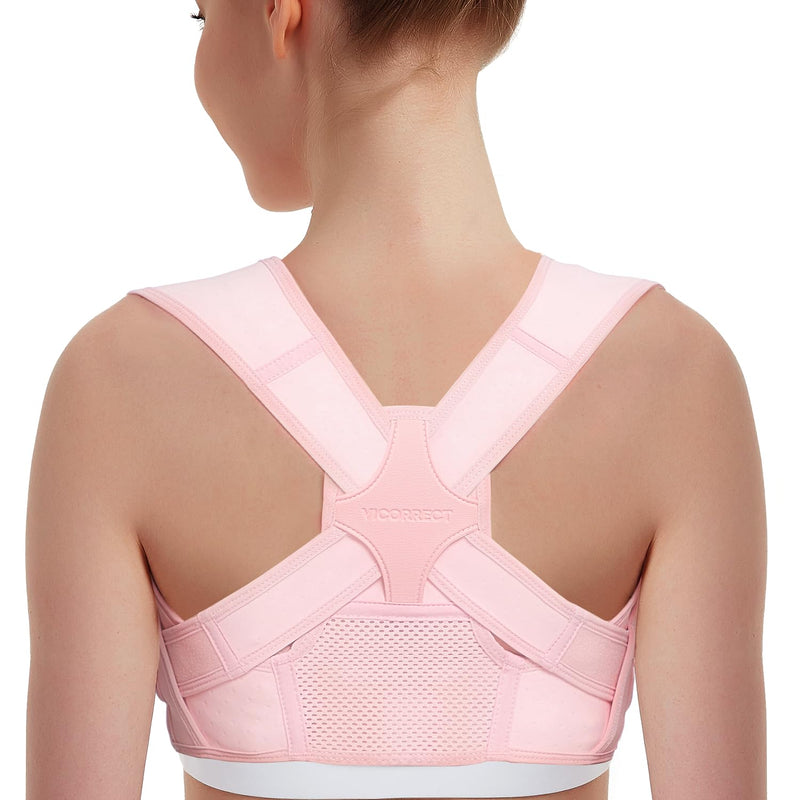 Vicorrect Posture Corrector for Women and Men: Adjustable Brace Straps for Upper Back Pain Relief and Shoulder Support (Pink, M/L) Pink