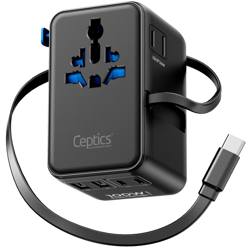 Ceptics GAN 100W Universal Travel Adapter with Retractable USB-C Cable, 2X USB-A & C, Universal Input and 1x USA/JP Input, 7 in 1 Universal Adapter for Worldwide Travel - Type A, C, G, I Output Black/Blue