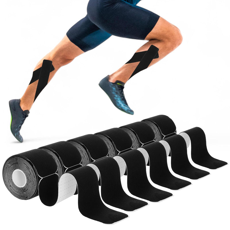[Australia] - 6 Rolls Black Kinesiology Tape, 120 Count Precut Strips Kinetic Tape Cotton Elastic Athletic Tapes Latex Free, Elastic Athletic Tapes for Ankle Muscle Knee Elbow Shoulder Muscle Pain Relief, 2” x 10” 