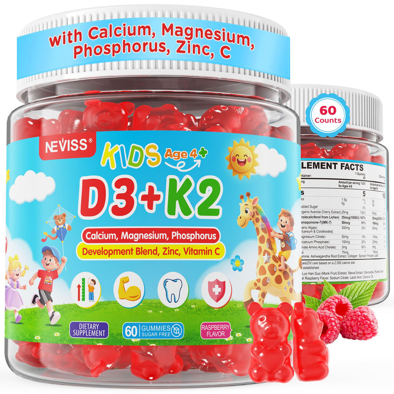 Kids & Teens Vitamin D3 K2 Gummies + Calcium, Magnesium, Zinc, Phosphorus C | Kids D3 & K2 Supplement + Multivitamin for Bone Health, Calcium Absorption, Focus & Immunity, Non GMO, Sugar Free, 60 Cts 60 Count (Pack of 1)