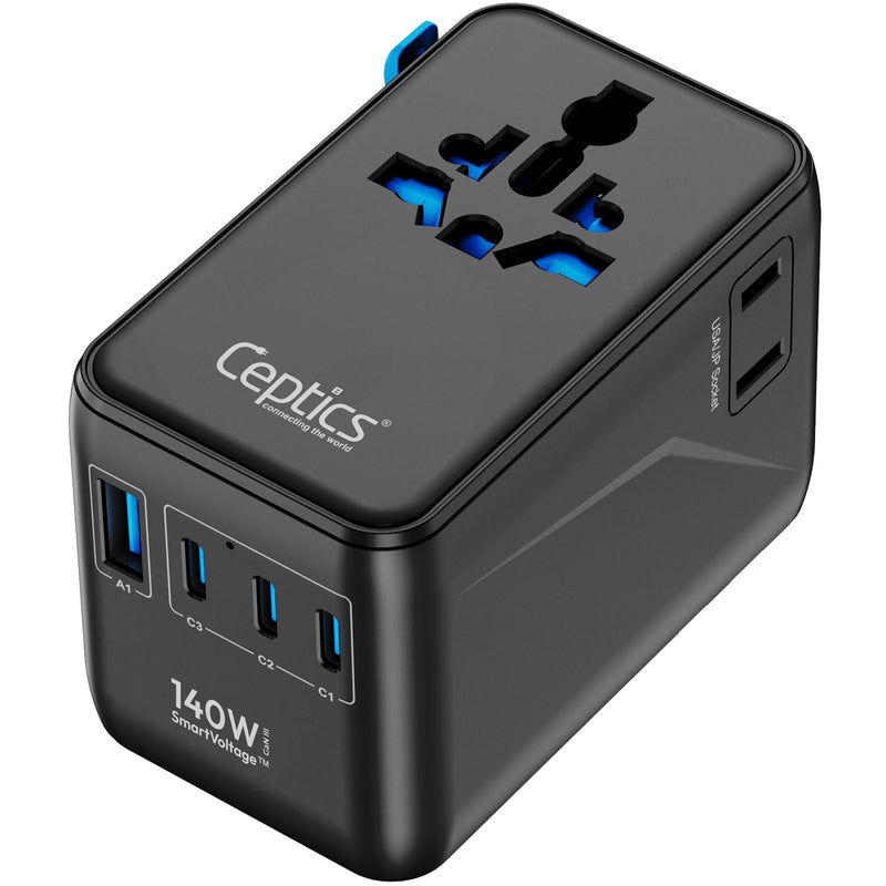 Ceptics 6 in 1 International Power Adapter with PD 140W USB-C, 1x USB-A, 3X Type C, Universal Input and 1x USA/JP Input with Type A, C, G, I Plug outlets for Global Travel – CE & RoHS Certified Black/Blue