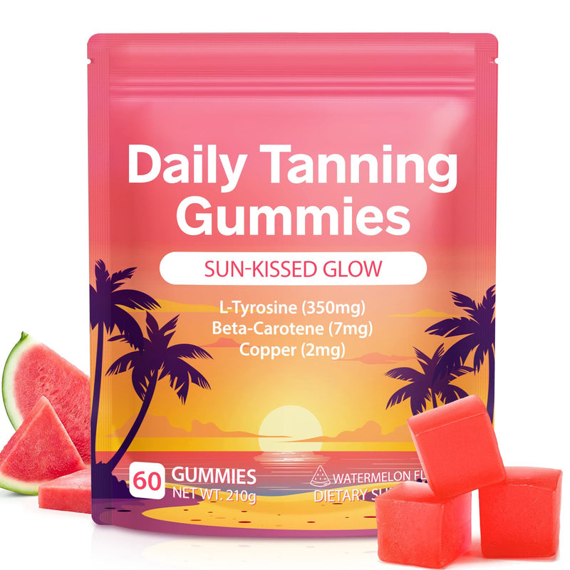 [Australia] - Daily Tanning Gummies - Enhance Natural Tan, Nourish & Protect Skin - with L-Tyrosine & Beta-Carotene - Sun-Free Glow - Watermelon Flavor, 60 Count 