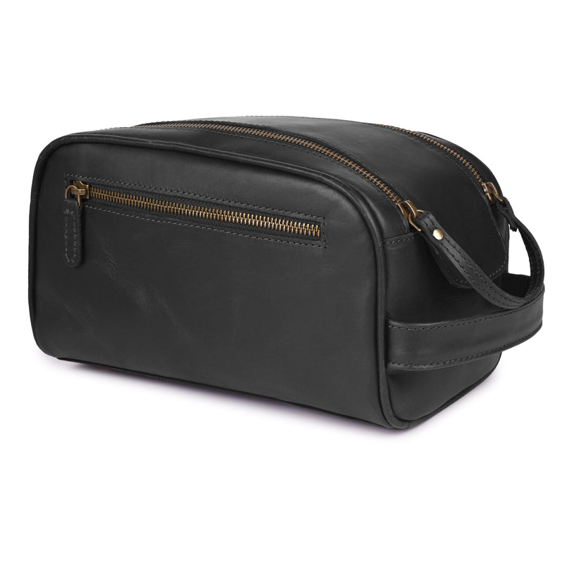 Rasavi Genuine Leather Travel Toiletry Bag, Handcrafted Vintage Water-Resistance Dopp Kit, Large Shaving & Bathroom Organizer - Gift for Men & Women - Black