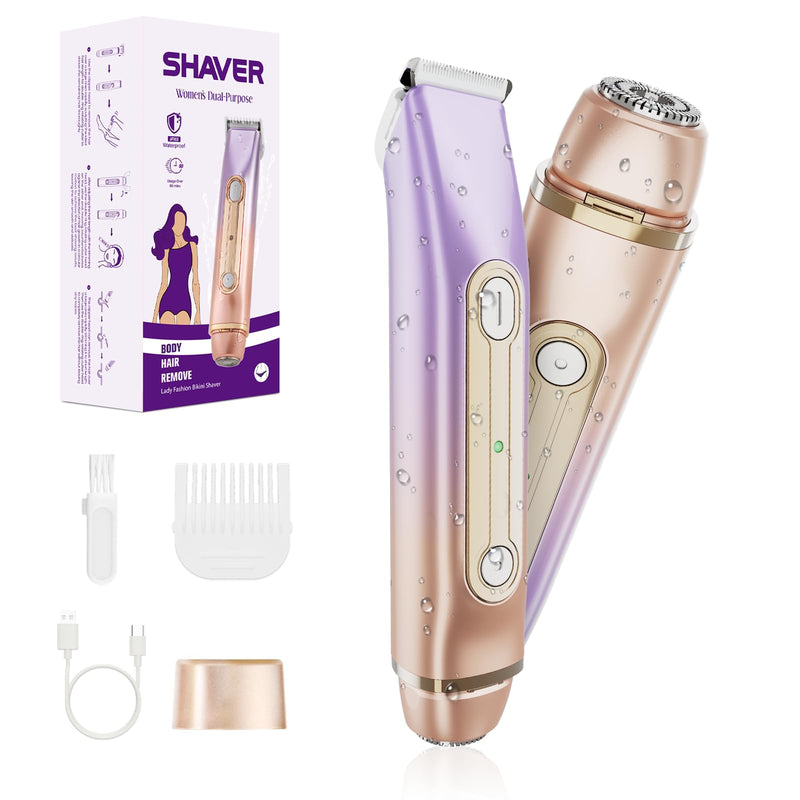 [Australia] - 2-in-1 Bikini Trimmer for Women, Dual Head Electric Razor, IPX6 Waterproof Wet/Dry Use Women Electric Shaver, Painless Body Hair Trimmer, Facial & Pubic Hair Remover for Underarm, Leg, Arm, Purple 