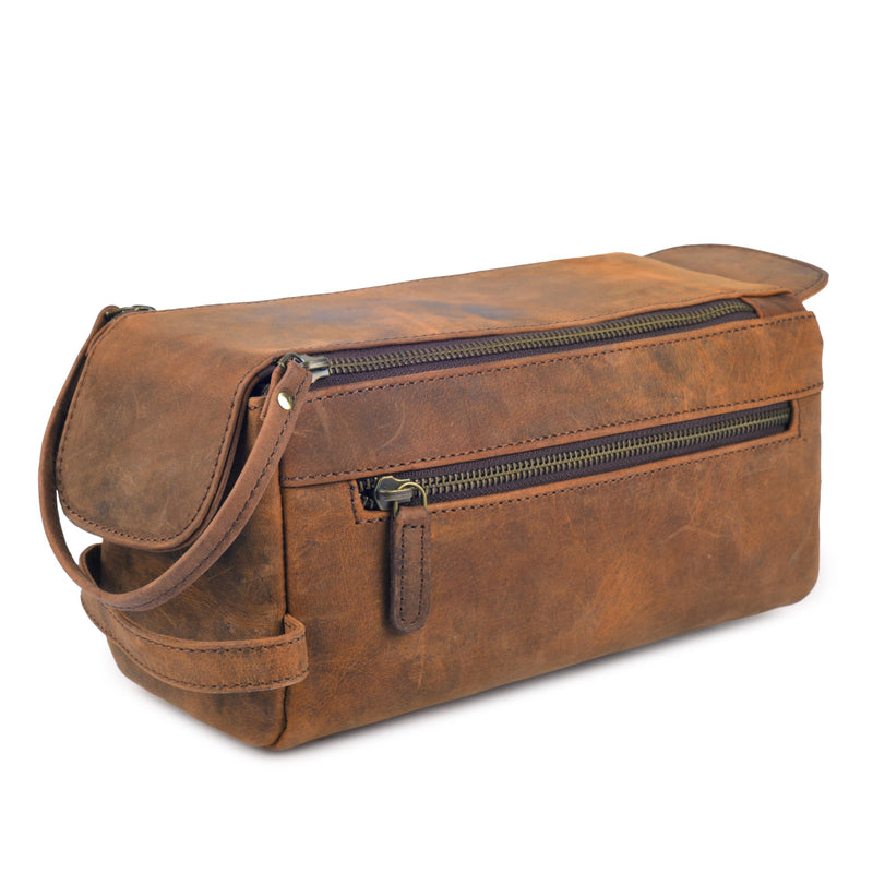 Rasavi Genuine Leather Travel Toiletry Bag for Men & Women, Handcrafted Vintage Dopp Kit, Water-Resistant Shaving & Bathroom Essentials Organizer - Distressed Brown