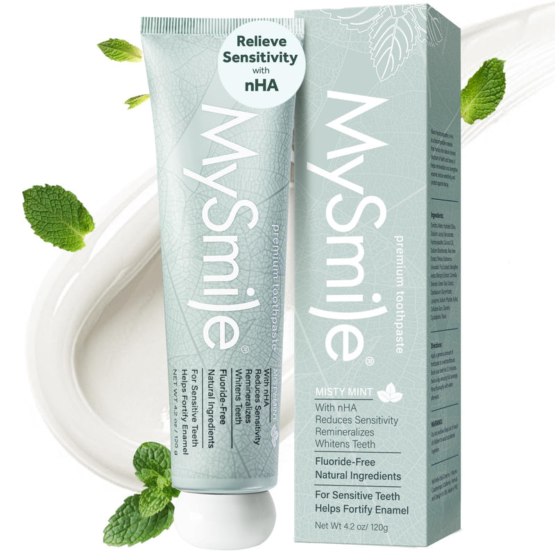 [Australia] - MySmile Fluoride Free Toothpaste, Nano Hydroxyapatite Toothpaste for Sensitive Teeth, Strengthens Enamel, Remineralizes & Whitens Teeth, Freshens Breath for Adults, SLS Free, Natural Misty Mint, 4.2oz 4.2 Ounce (Pack of 1) 