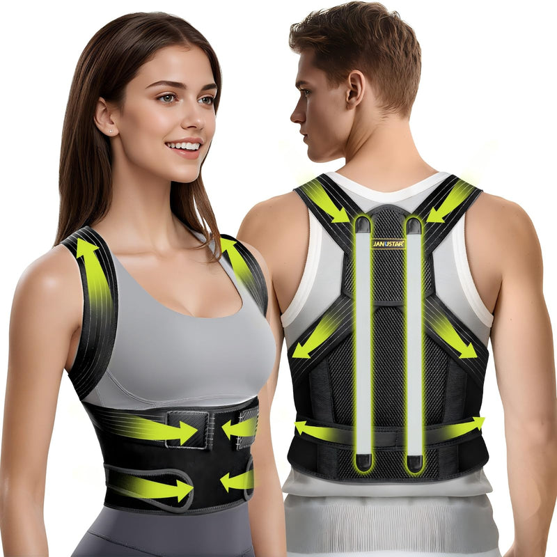 [Australia] - Back Brace Posture Corrector for Women & Men - Elastic Shoulder Straps, Full Back Support, Upper/Lower Pain Relief - Scoliosis, Hunchback Medium Black & Gold 