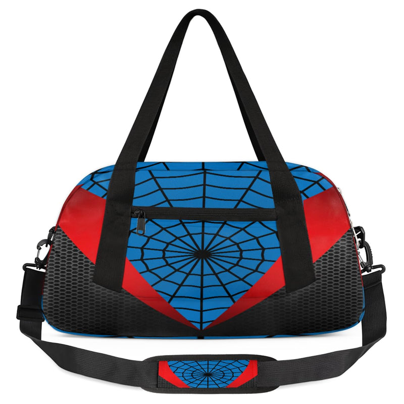 Gym Travel Duffle Bag for Boys - Blue Red Spider Web Kids Overnighter Weekend Bag with Front Zipper Pocket for School Practice, Teens Carry-On Size Sleepover Bags Blue-Red Spider Web