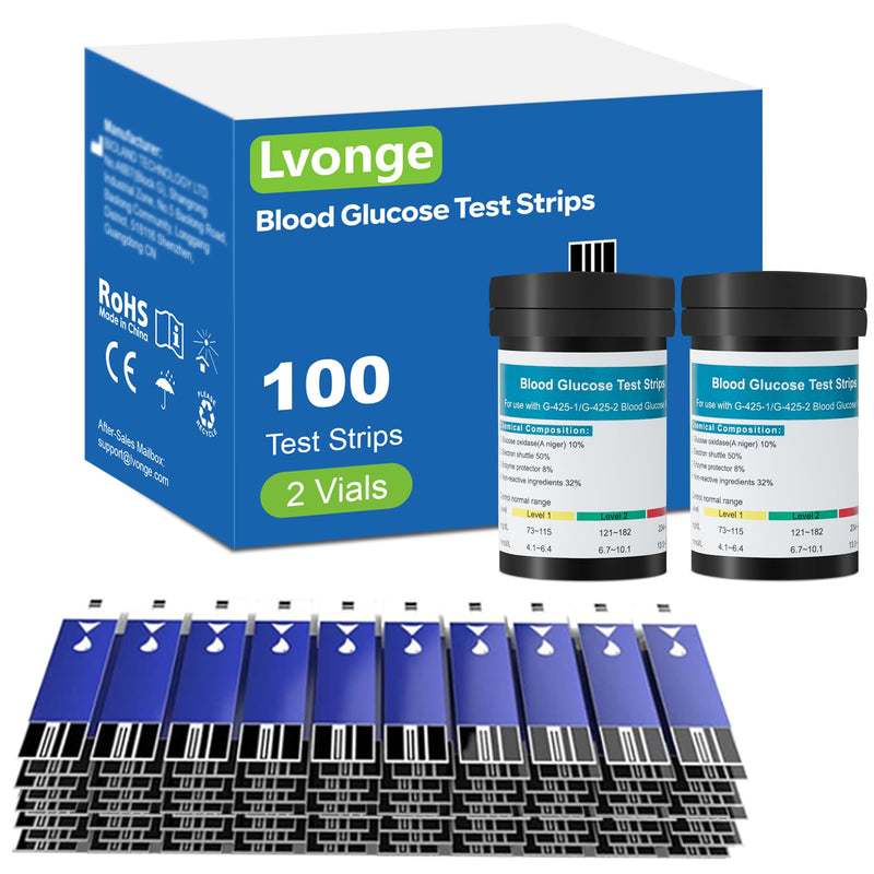 [Australia] - Blood Glucose Test Strips Set -Lvonge 100PC Test Strips for Use Only with Lvonge Blood Glucose Monitor G520/501, Home Diabetes Blood Glucose Testing Kit Blue 