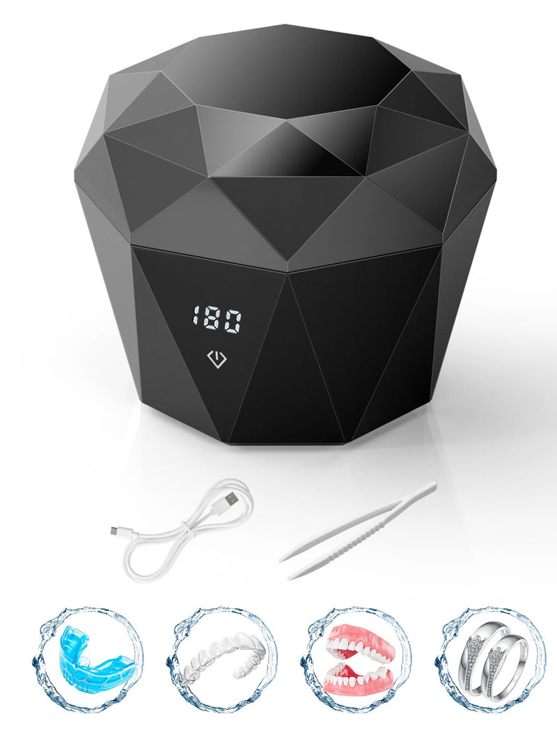 [Australia] - Ultrasonic Denture Cleaner Machine 43±5KHz Rechargeable Retainer Cleaner with Digital Timer & U-V-C Lights for Braces Night Guard Aligners Toothbrush Heads Jewelry Black 