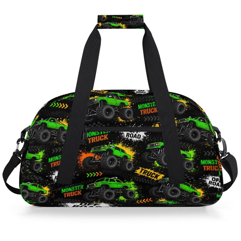 Gym Travel Duffle Bag for Boys - Green Monster Car Trucks Kids Overnighter Weekend Bag with Front Zipper Pocket for School Practice, Teens Carry-On Size Sleepover Bags Green Monster Trucks