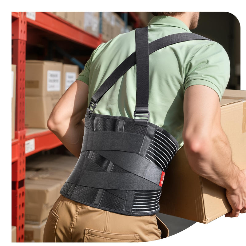 [Australia] - Ultra Breathable Work Back Brace for Men & Women [Upgraded Medical-Grade Support] Lower Back Support Belt with Removable Suspenders - Pain Relief for Lifting, Warehouse, Construction, Moving Black Medium 