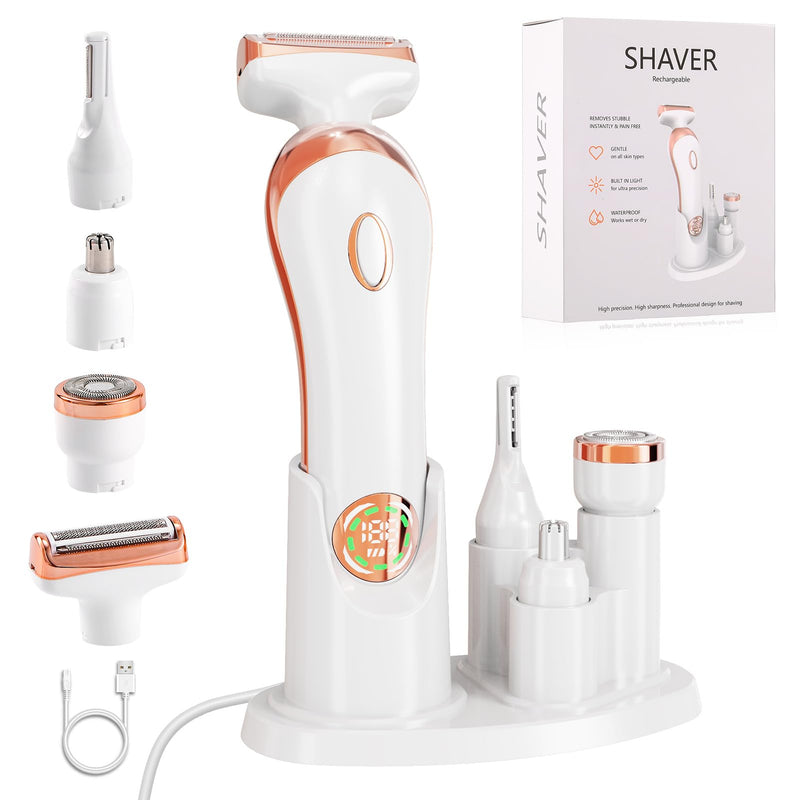 Bikini Trimmer for Women,4-in-1 IPX6 Waterproof Electric Shaver,Cordless Painless Electric Razors with LED Display for Legs Bikini Facial Hair Removal, Body Wet&Dry Use Razor Kit for Lady Grooming s White