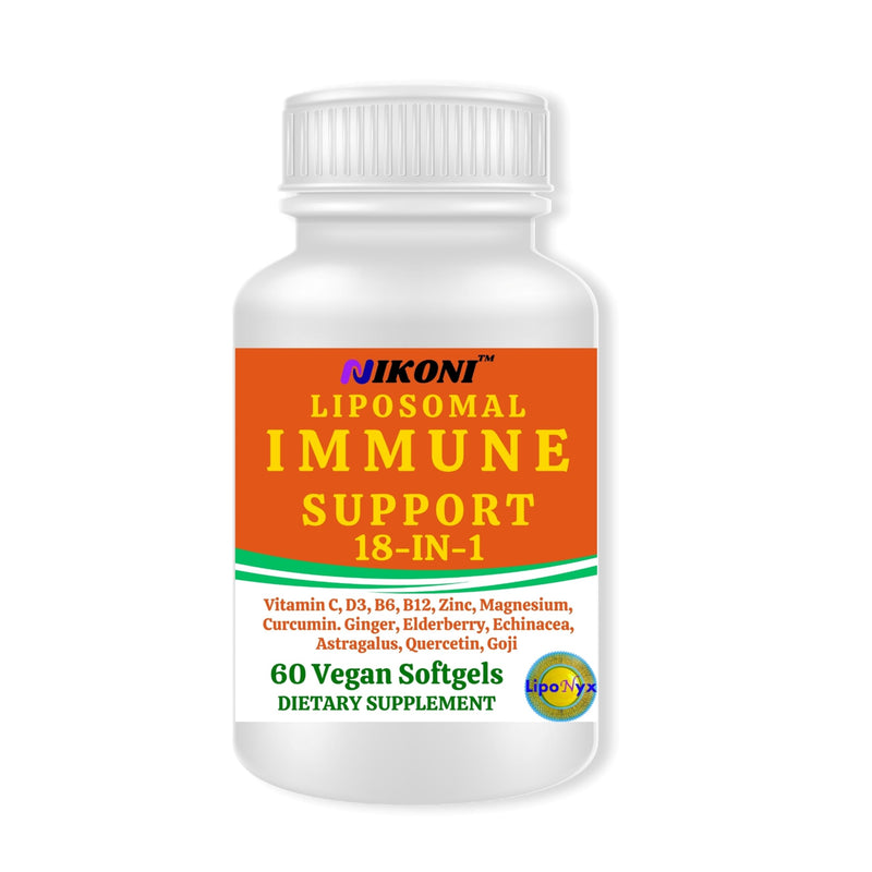Nikoni Vegan Liposomal Immune Support Softgels – 18-in-1 Formula with Vitamin C, Zinc, Vitamin D3, Echinacea, Elderberry & Curcumin – 60 Vegan Softgels
