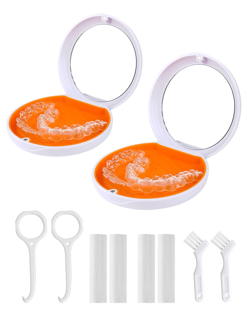 [Australia] - 2 Pack Retainer Case with Mirror Kits, Aligner Case Compatible with Invisalign, Slim Night Guard Cases with Aligner Removal Tool, Brush and Chew, White 