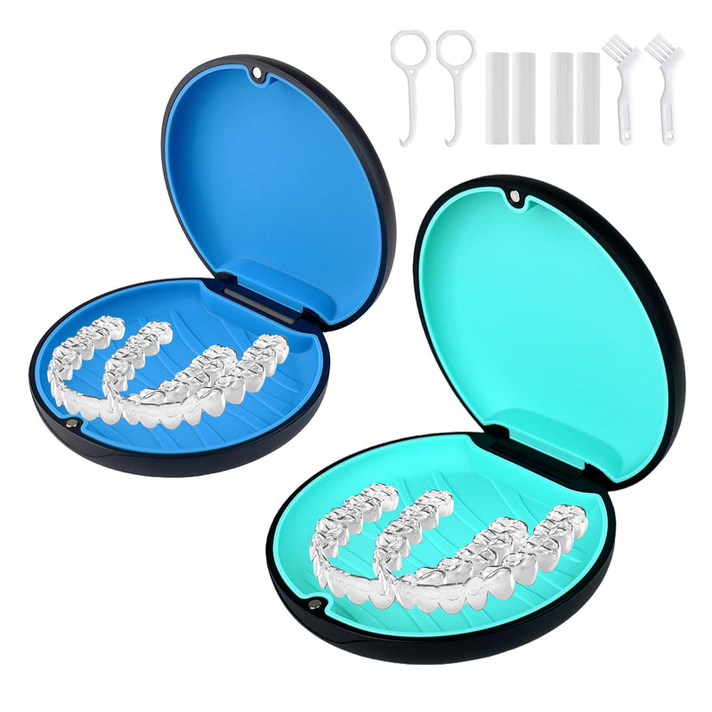 [Australia] - 2 Pack Aligner and Retainer Case,Compatible with Invisalign,Mouthguard Case Kits, Portable Aligner Cases with Chew Remover Tool and Brush, Black(Blue+Cyan Silicone) Black(Blue+Cyan Silicone) 