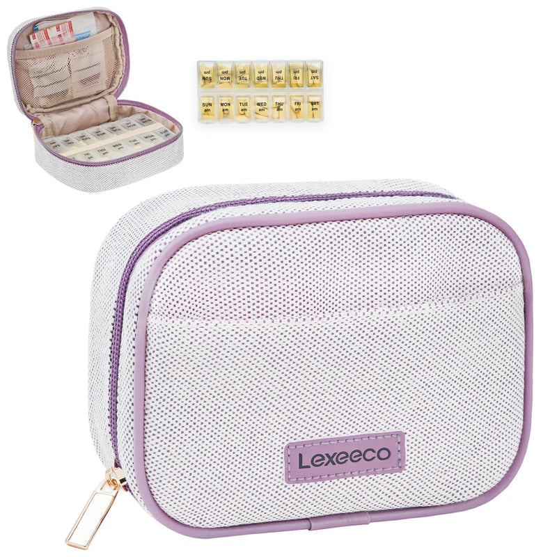 Weekly Travel Pill Organizer 2 Times A Day Pill Case for Purse with Removable AM PM 7 Day Pill Box Holder,Cute Medication Organizer Pill Container for Medicine, Vitamin, Supplement (Purple, Medium) Purple 02