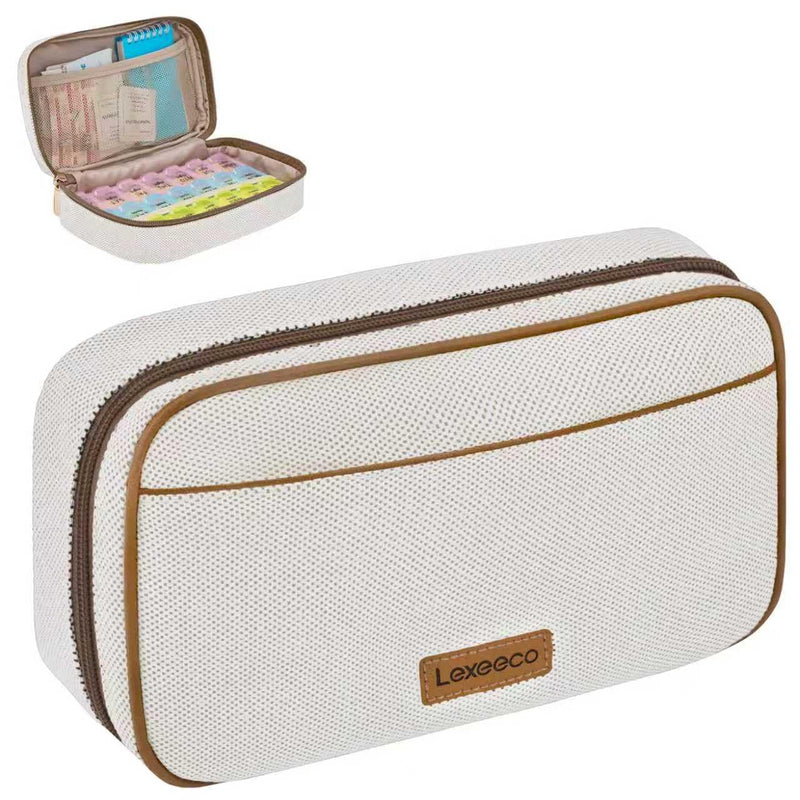 Weekly Travel Pill Organizer 3 Times a Day for Purse with Canvas Pill Case | Cute Am Pm Pill Box 7 Day ,Travel Medicine Organizer Pill Container Holder for Vitamins,Fish Oils,Medication,Medical Supplies Brown 03 Large