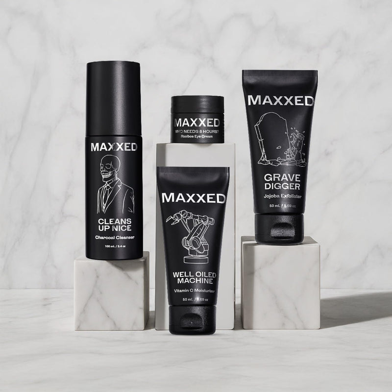 MAXXED Men's Skincare Set - Travel Skincare Set with Under Eye Cream, Charcoal Face Wash, Jojoba Face Scrub and Vitamin C Moisturizer - 4 in 1 Men's Skin Care Kit for Hydration and Pore Cleansing