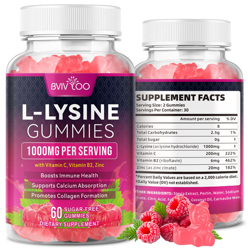 L-Lysine 1000mg Gummies for Immune Support & Skin Health - High Potency Vegan, Sugar-Free, Gluten-Free Supplement with Natural Raspberry Flavor for Adults & Kids - 60 Gummies 1pack
