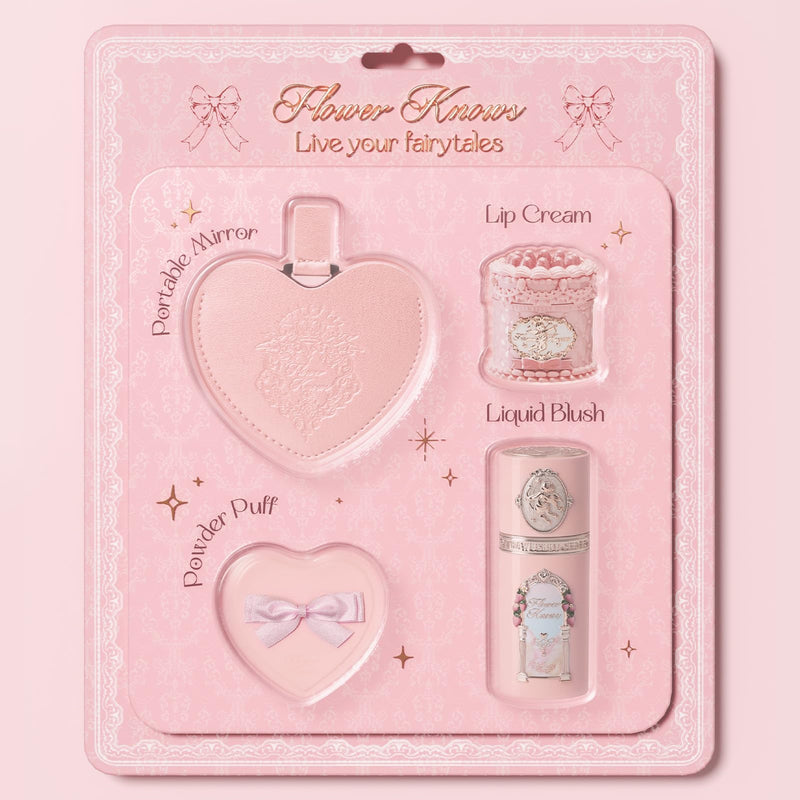 [Australia] - Flower Knows Strawberry Kiss Delight Set 4 Pieces Strawberry Cupid Makeup Gift Kit,Includes Lip Cream,Liquid Blush,Portable Mirror,Powder Puff,Portable Beauty for Women Girls(Strawberry Delight) Strawberry Delight 