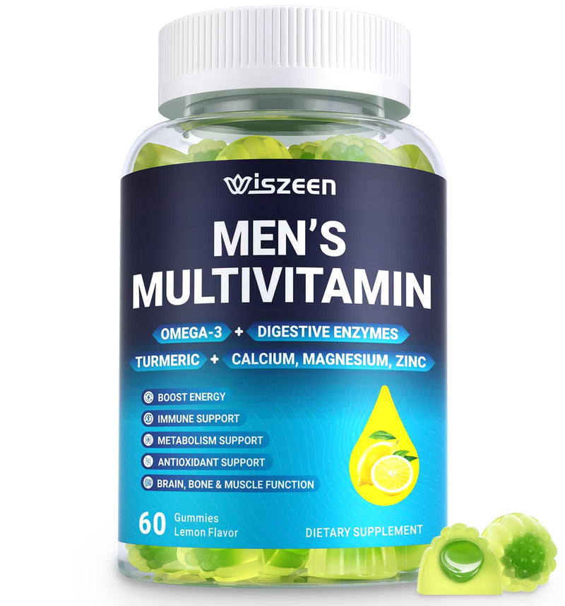 Mens Multivitamins Gummies, Methylated Multivitamin with Vitamins A C D K E | B Complex, Omega-3, Digestive Enzymes, Lycopene, Calcium, Magnesium - Support Brain, Muscle, Energy, Sugar Free, 60Cts 60 Count (Pack of 1)