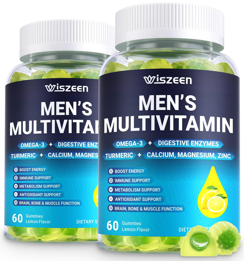 Mens Multivitamins Gummies, Methylated Multivitamin with Vitamins A C D K E | B Complex, Omega-3, Digestive Enzymes, Lycopene, Calcium, Magnesium - Support Brain, Muscle, Energy, Sugar Free, 120Cts 60 Count (Pack of 2)