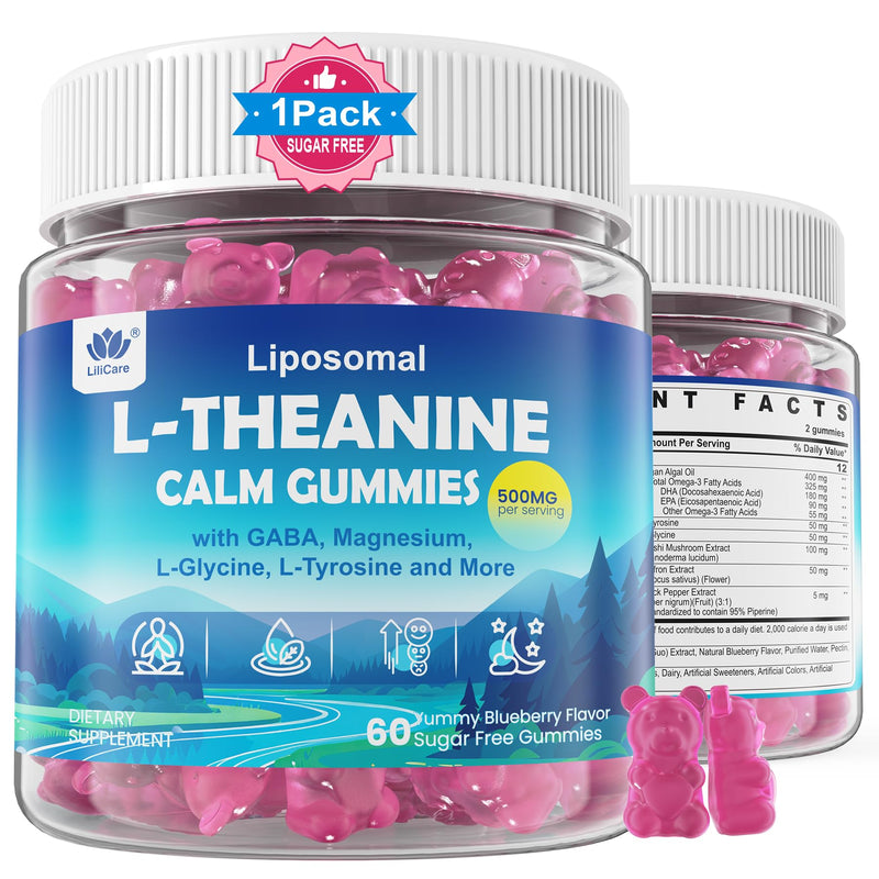 L Theanine Calm Gummies 500mg + Saffron + Magnesium Glycinate + GABA, 60Cts | Sugar-Free Liposomal L-Theanine Supplement, w/Ashwagandha, Algae Omega-3, Vitamin D3 B12, for Brain Calm, Relax, Mood, Zzz 60 Count (Pack of 1)