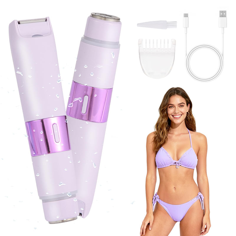 Bikini Trimmer for Women, Electric Razor and Dual Head Shaver for Women, 2-in-1 Waterproof Painless Trimmer & Shaver for Bikini Area, Face, Legs and Body, Sensitive Skin Safe