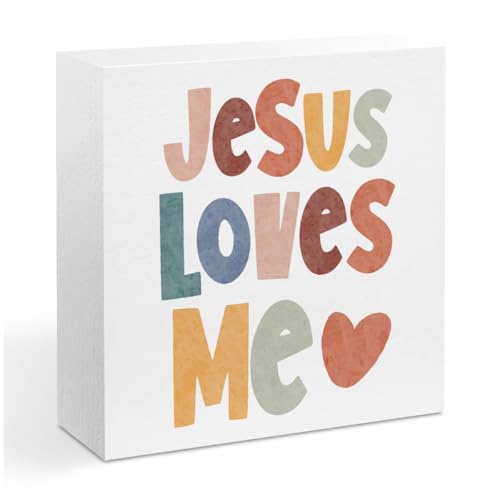 Christian Decor Boho Wooden Box Sign, Jesus Religious Wall Decor Jesus loves me