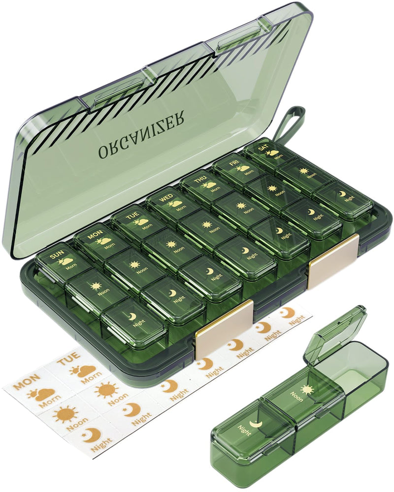 Weekly Pill Organizer 3X a Day, Large 7 Day Pill Box 3 Times a Day with 7 Compartments, Portable Travel Daily Pill Box for Medication, Vitamins, Fish Oil and Supplements, Green Luxury Green