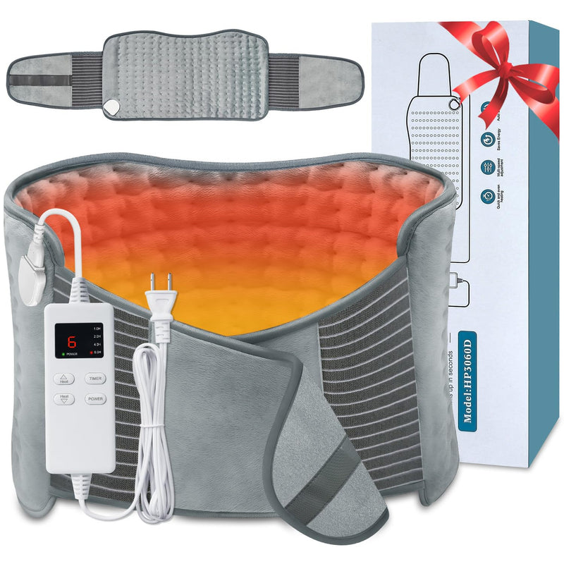 Electric Heating Pad for Back with Adjustable Belt, Moist Heat for Cramps | 12"X24"+26" Large Size, Hands-Free Wear, 6 Heat Levels, 4 Timers, Auto Shut Off, Machine Washable, Gift For Women & Men
