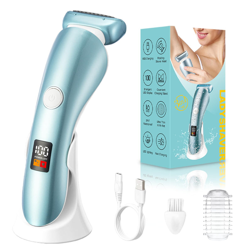 [Australia] - Electric Razors for Women, Bikini Trimmer Wet & Dry Use, Painless Pubic Hair Trimmer, Rechargeable Electric Shaver for Legs, Face, Pubic Hair, Underarms with Detachable Head, Blue 