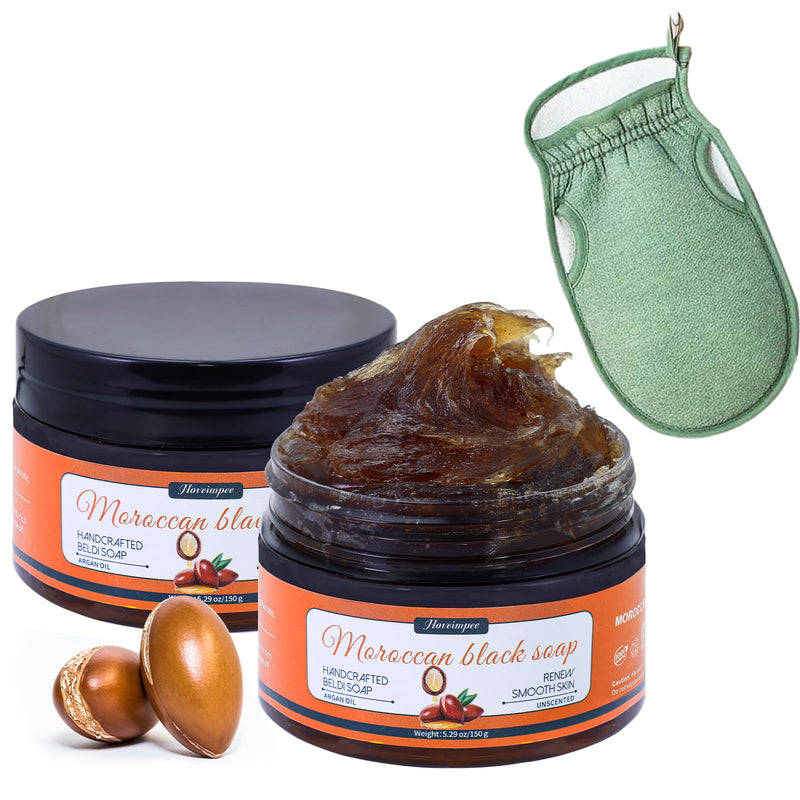 2 Pack Organic Moroccan Black Soap Soften Skin, Moisturizing Beldi Soap | with Argan Oil and Vitamin C Even Tone, Moroccan Hammam Kit, Fragrance Free, 5.29 oz/150 g
