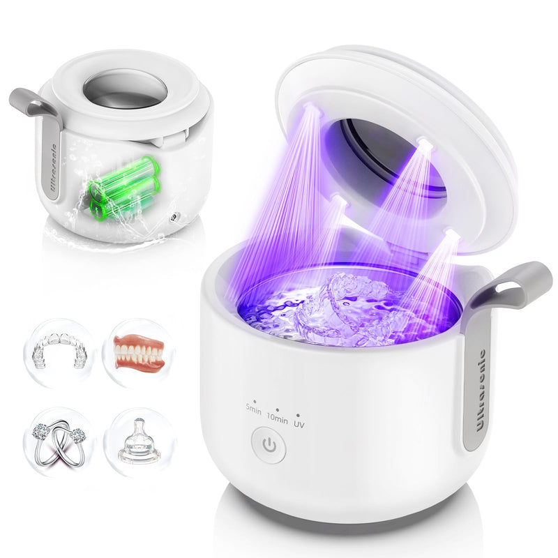 [Australia] - Ultrasonic Retainer Cleaner Machine: 48kHz Rechargeable Cordless Denture Cleaner - Waterproof Ultrasonic Jewelry Cleaner - 200ML Dental Cleaning Pod for Mouth Guard, Aligner, White 