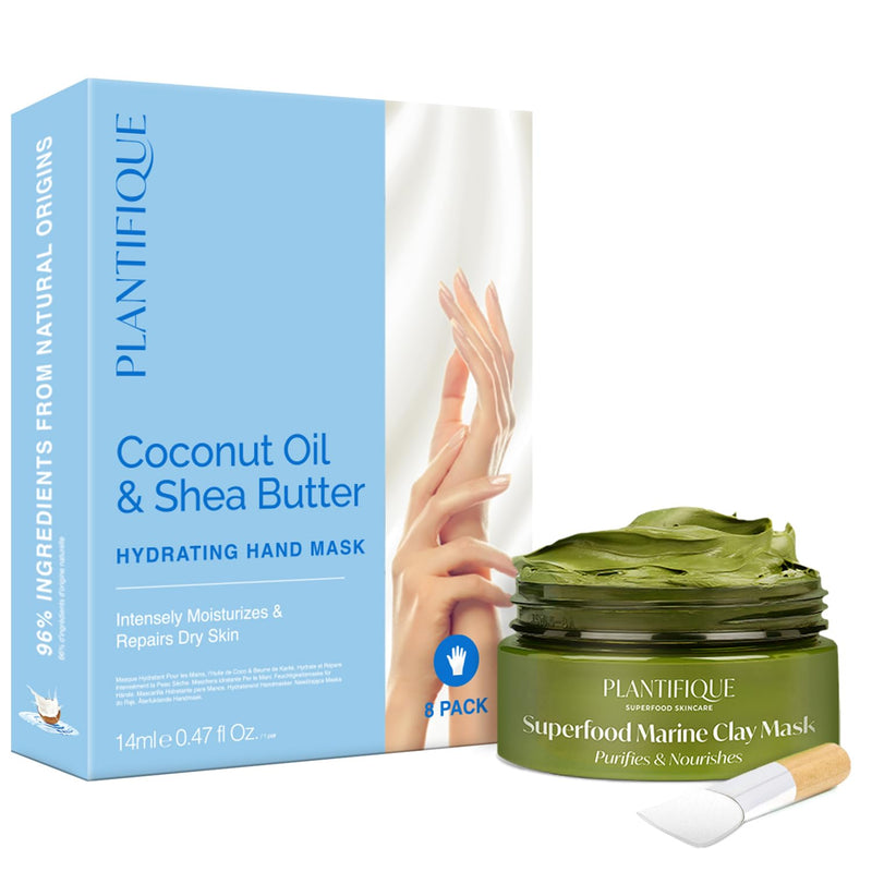[Australia] - PLANTIFIQUE Hand Mask for Dry Hands – 8 Pairs Moisturizing Gloves with Shea Butter and Korean Skincare Clay Mask – Hydrating Mud Mask with Avocado & Superfoods 