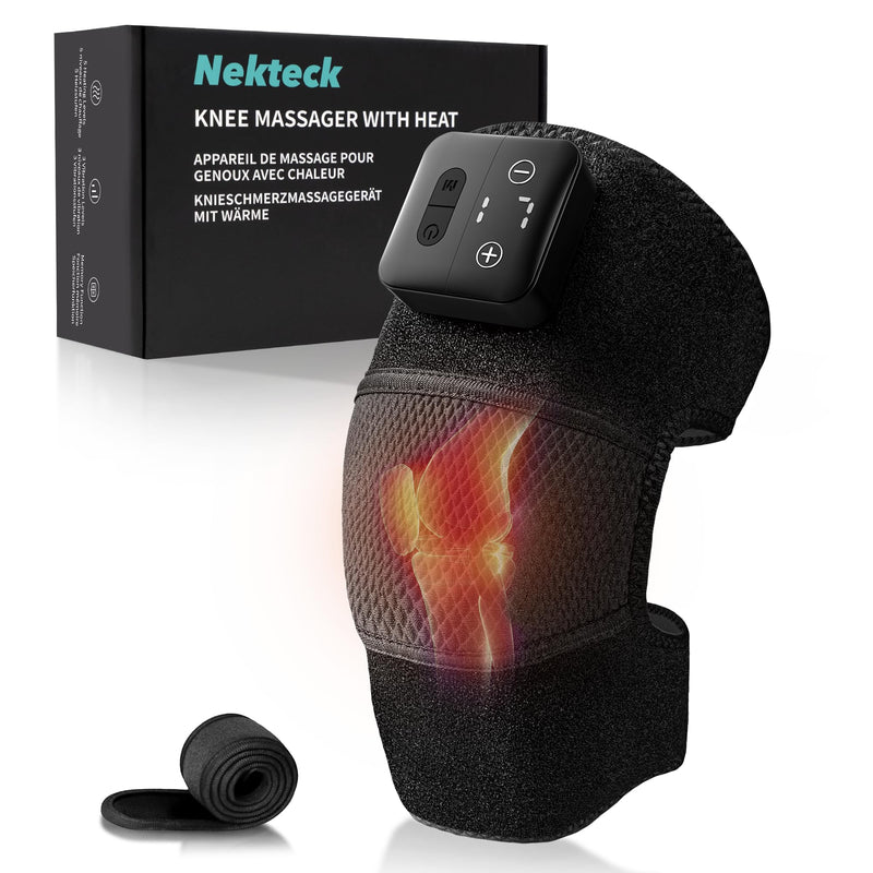 Nekteck Knee Massager with Heat - Cordless Heated Knee Brace with Vibration for Pain Relief, Rechargeable Knee Heating Pad with 5 Heat Levels and 3 Massage Mode, Ideal Gift for Mom Dad Matte Black