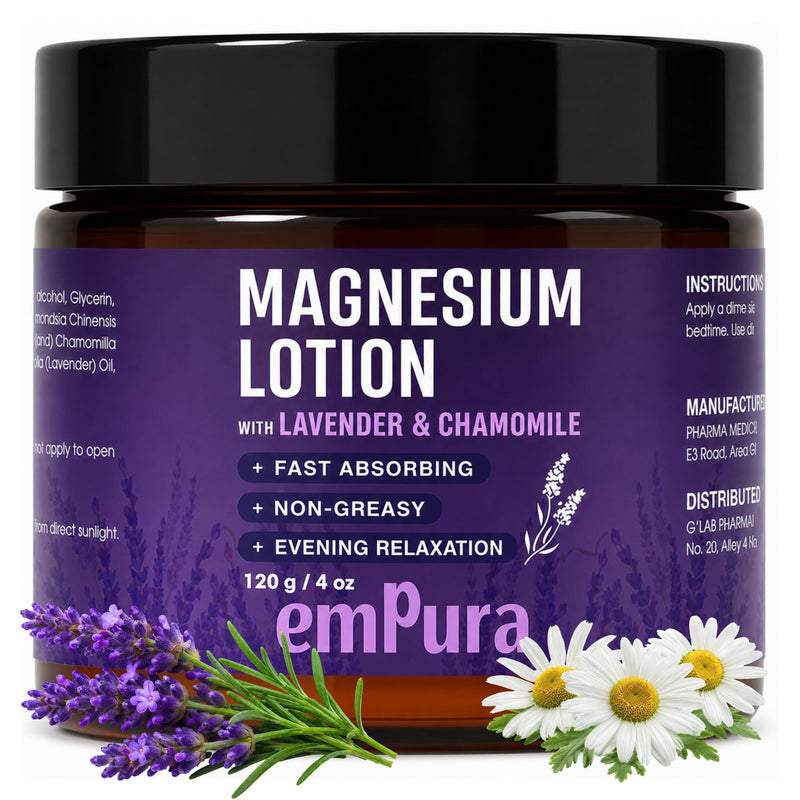 EMPURA Lavender Magnesium Lotion, Relaxing Gifts for Women, 4 Oz | Lavender & Chamomile, Fast-absorbing, Non-greasy, Evening Relaxation, Muscle Relief, Self Care Gifts for Women 4 Ounce (Pack of 1)