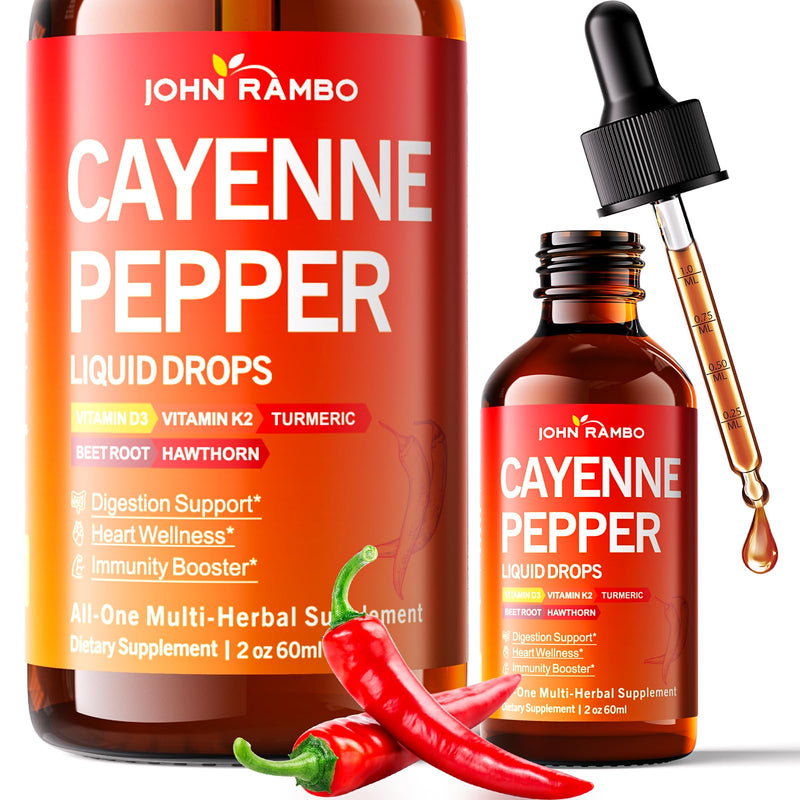 [Australia] - Cayenne Pepper Liquid Drops, Organic Cayenne Pepper Extract with Hawthorn Berry, Beetroot, Turmeric, Vitamin K2 & D3 Supplement for Immune Support, Circulation & Overall Wellness, Gluten Free, 2 Fl Oz 