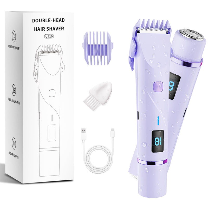 [Australia] - Bikini Trimmer for Women, 2 in 1 Electric Razors for Women Pubic Hair, IPX7 Waterproof Dual Head Bikini Shaver with LED Display, Rechargeable Electric Trimmer (Purple) Purple 