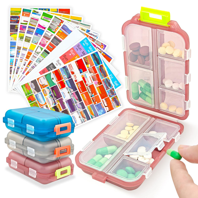 3Pcs Large Pill Organizer with Medicine Labels, 10 Compartments Travel Pill Box with Removable Labels, Portable Foldable Supplement Box Holder for Fish Oil Vitamin, 3.7X2.4X1.8 Inch Multicolor